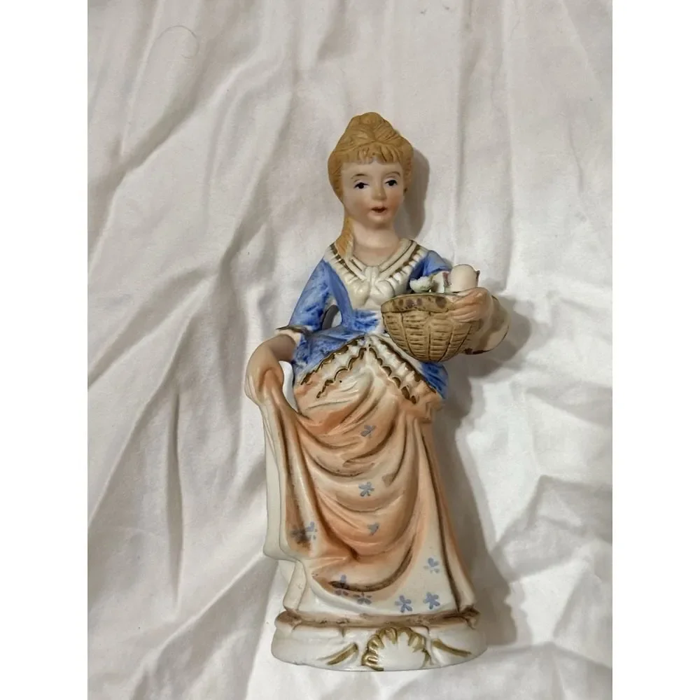 Victorian Lady Figurine Vintage Porcelain Holding A Basket Of Flowers